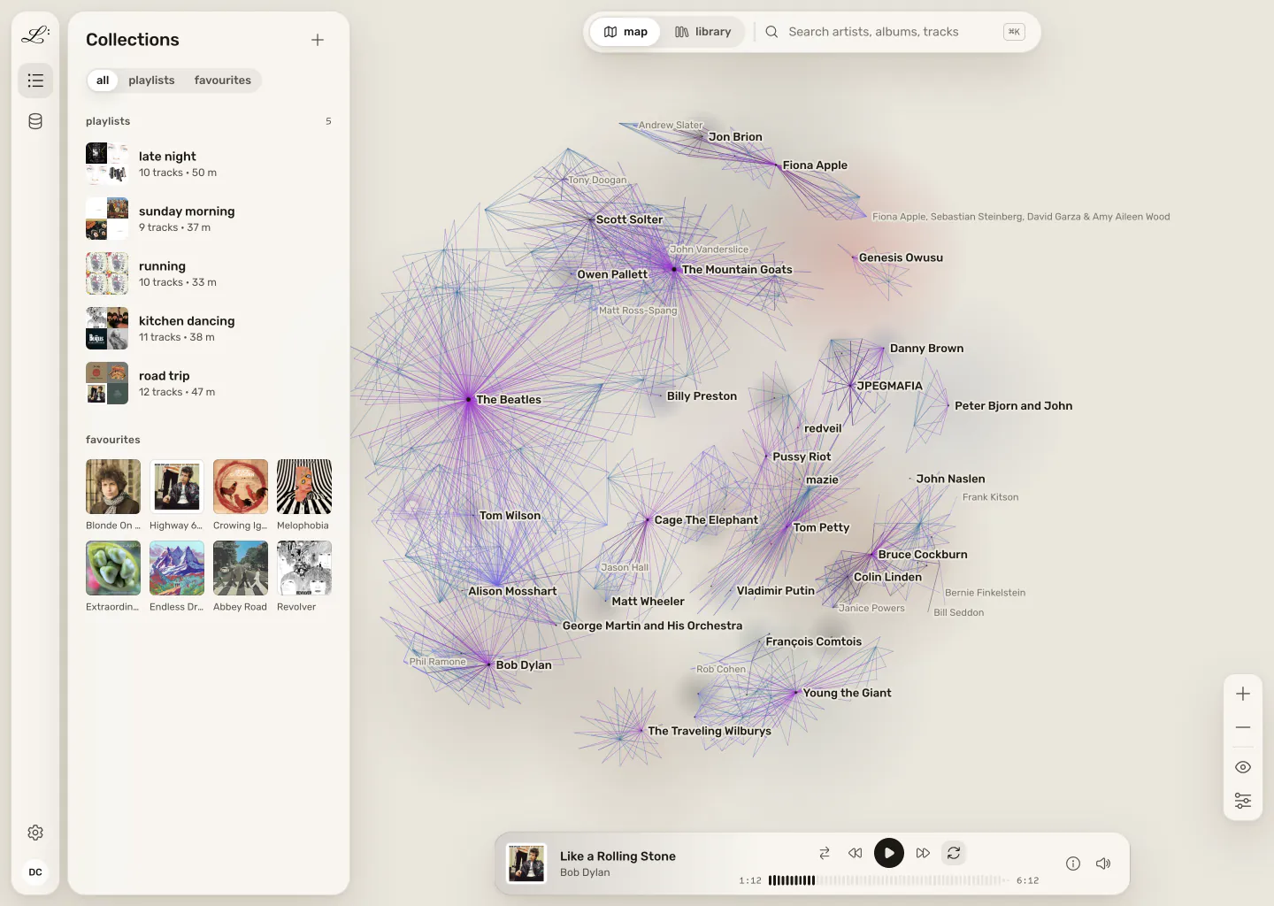 The Collections panel beside the map, listing five playlists above a grid of favourite albums.