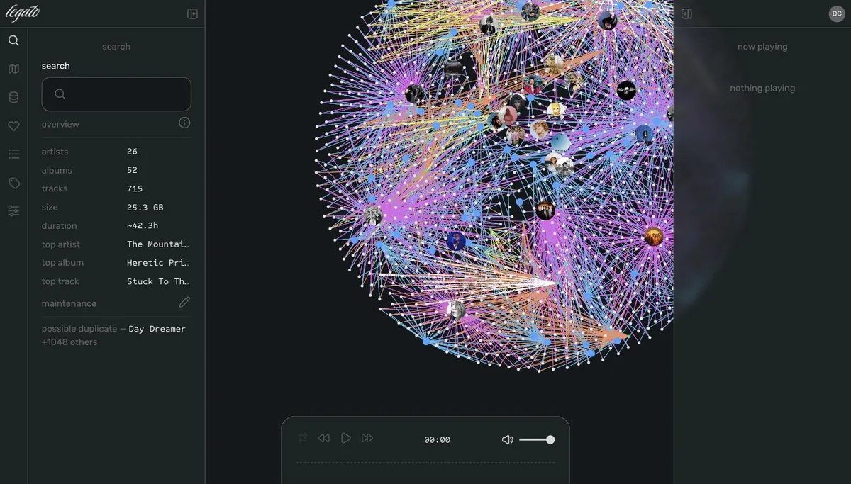 Legato's map view showing a real scanned library rendered as a node graph, with the collection panel open on the left.