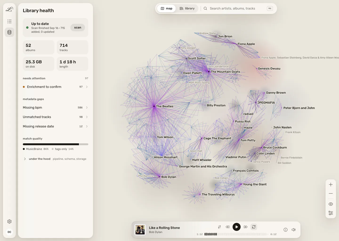 The Library health panel: the last scan, library totals, what needs attention, counts of metadata gaps, and how many tracks matched MusicBrainz.