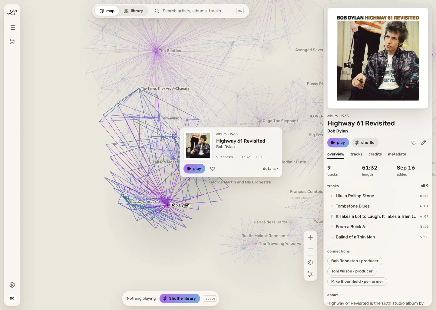 Legato's map with Highway 61 Revisited selected. Its connections stay lit on the graph, a preview card sits beside it, and its article is open on the right with the track list and its links to two producers and a performer.
