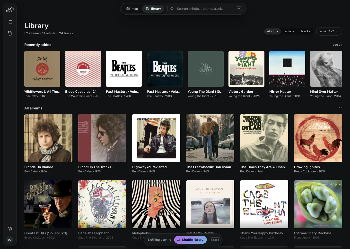 The library view as an album grid, with a recently added shelf above all albums.