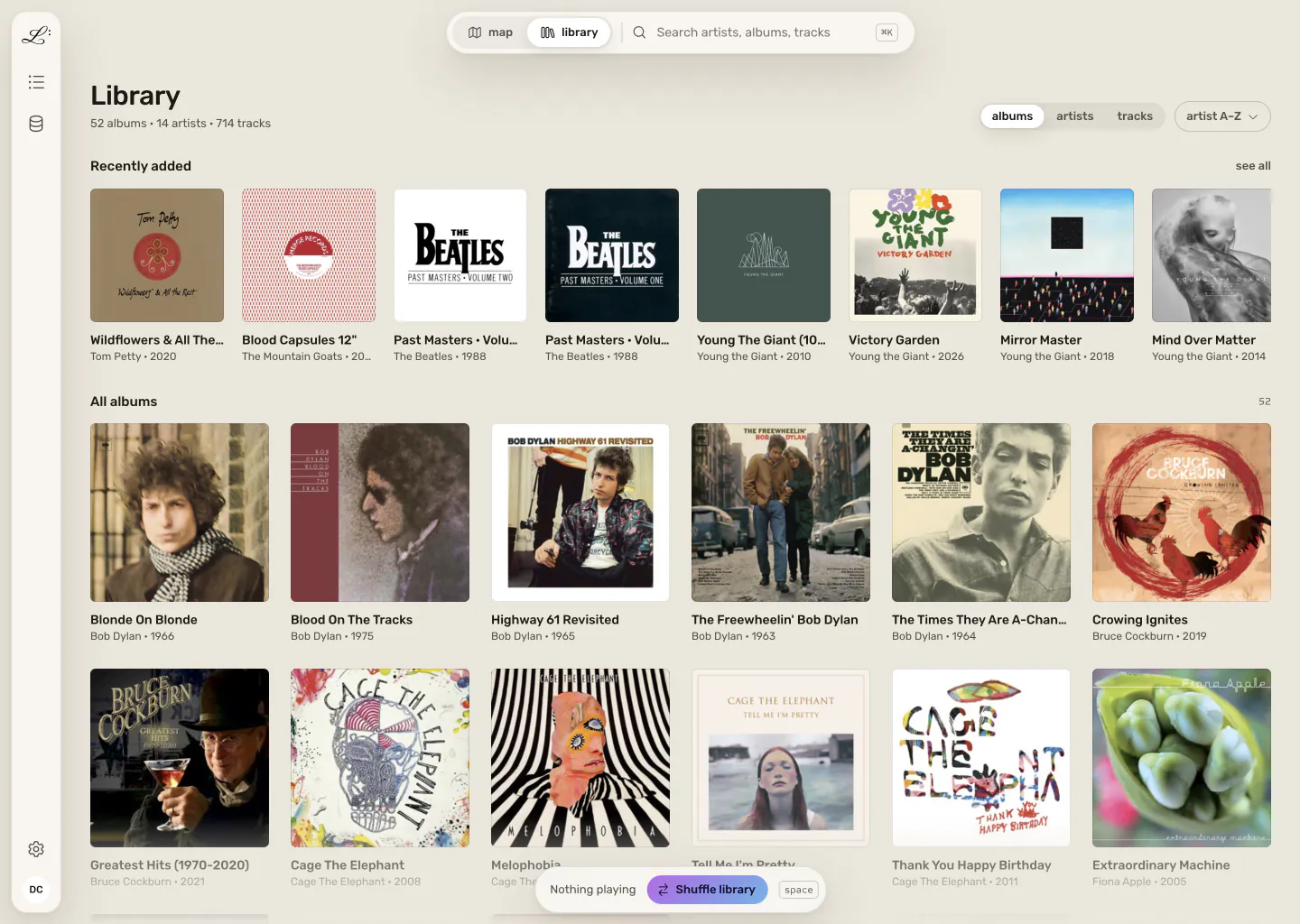 The library view as an album grid, with a recently added shelf above all albums.