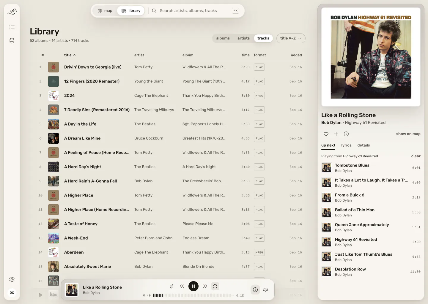 The library view as a track table with title, artist, album, length, format and date added, and the play queue open on the right.