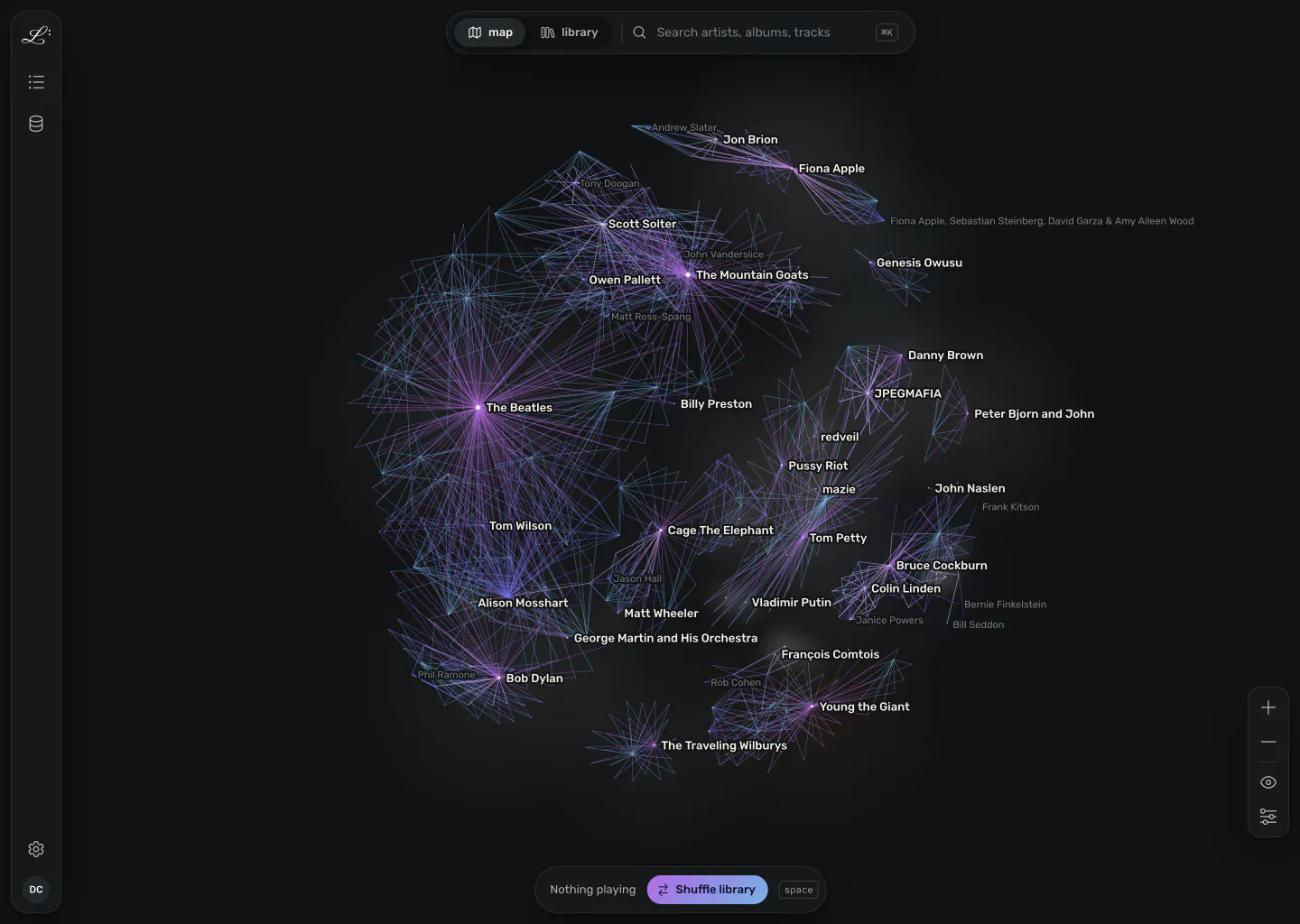 The whole map at rest. The Beatles, Bob Dylan, The Mountain Goats, Tom Petty and other artists each sit at the centre of a cluster of their releases and recordings, with producers and players such as Tom Wilson and Jon Brion between them.