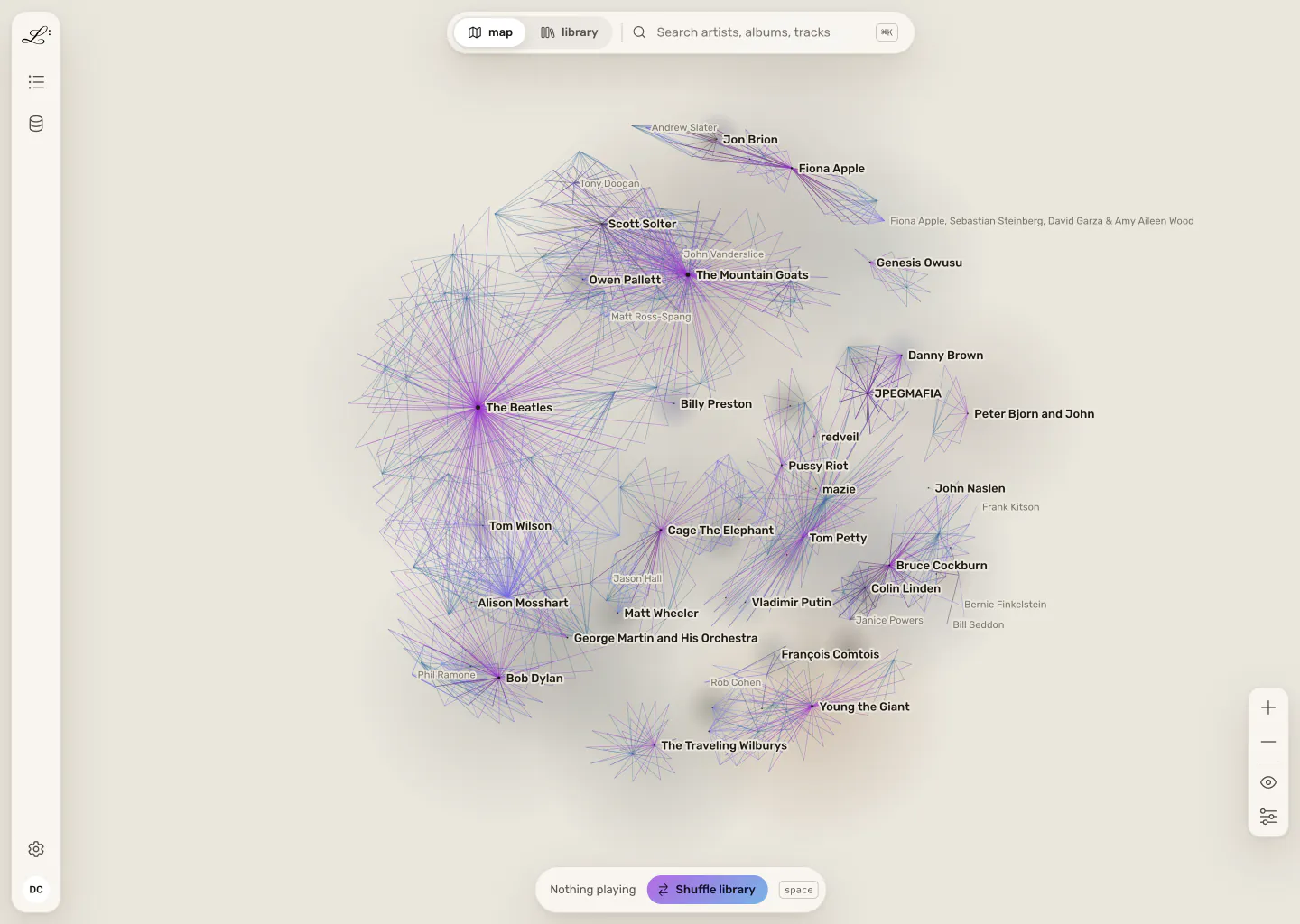 The whole map at rest. The Beatles, Bob Dylan, The Mountain Goats, Tom Petty and other artists each sit at the centre of a cluster of their releases and recordings, with producers and players such as Tom Wilson and Jon Brion between them.