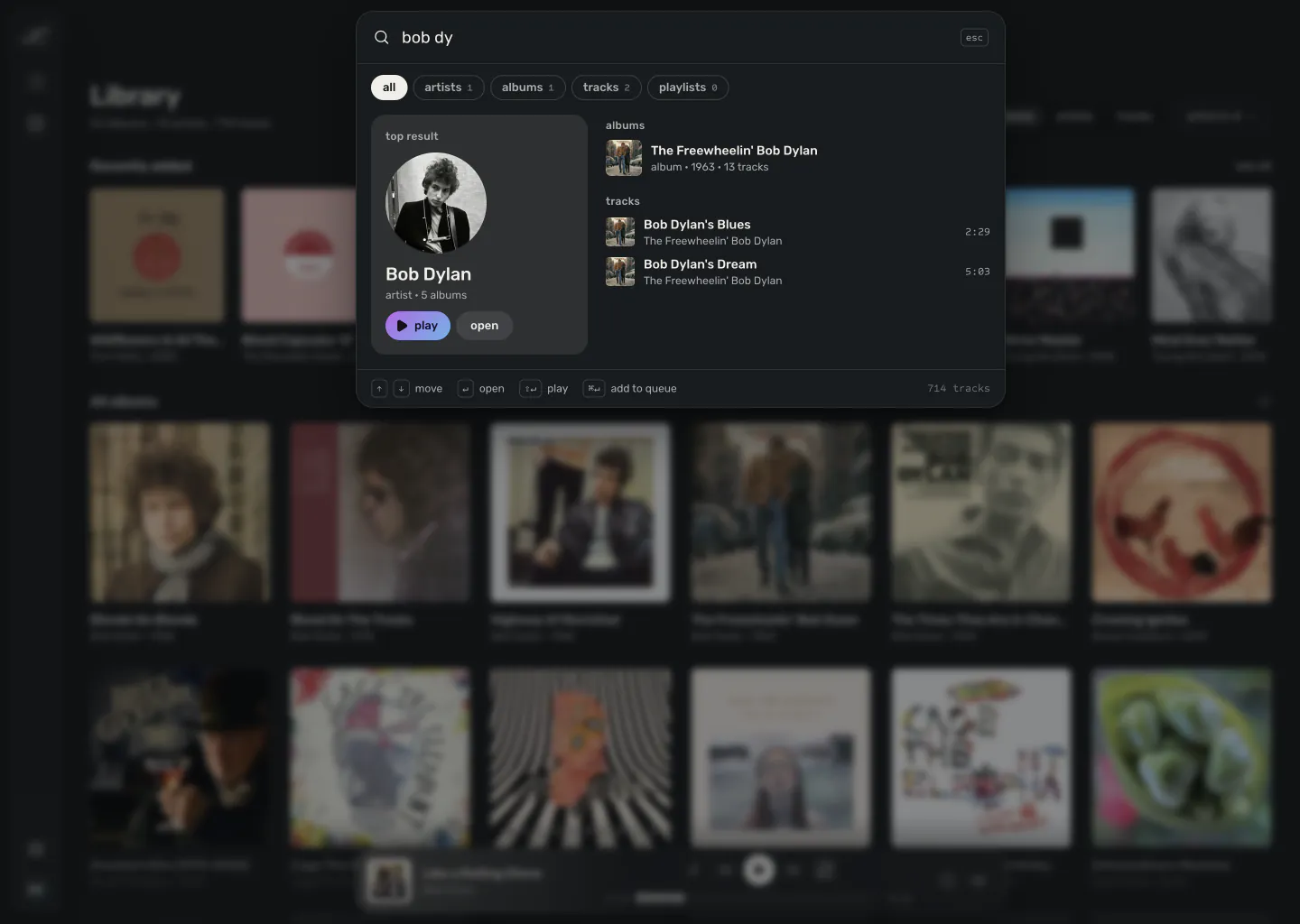 Search open over the library with a partial query. Bob Dylan is the top result, followed by a matching album and tracks.